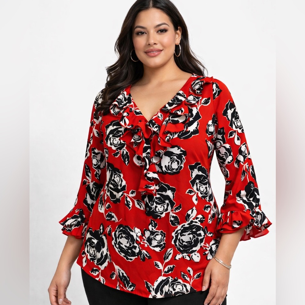 Red and Black Floral Top Ruffle Plus Size 1x Statement Top